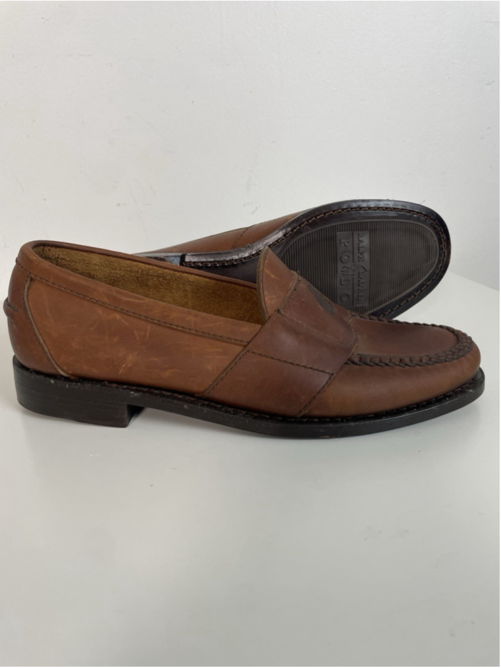 Polo Ralph Lauren Brown Leather Loafers Mens 7.5 Crest